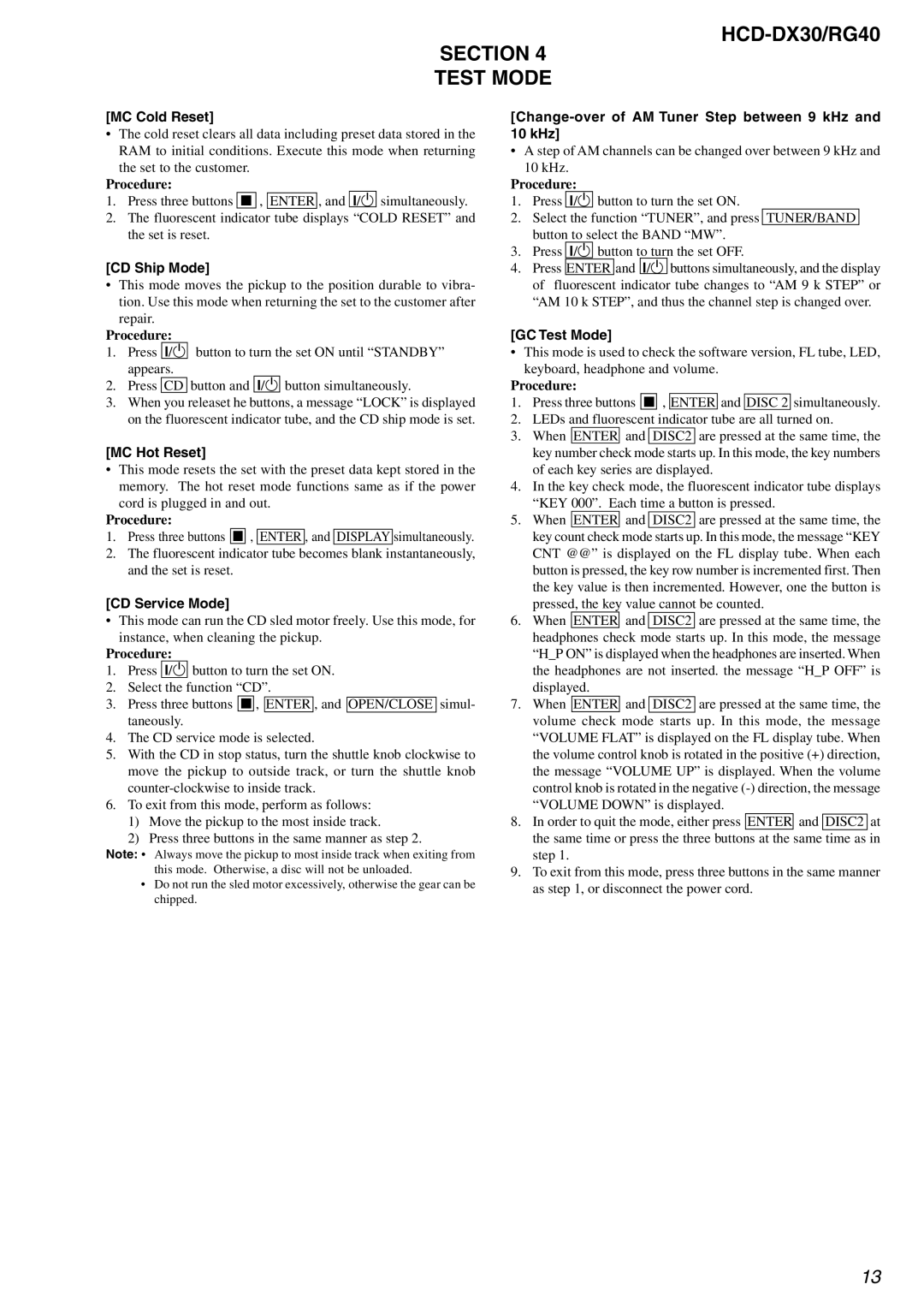 Sony HCD-RG40 specifications HCD-DX30/RG40 Section Test Mode 