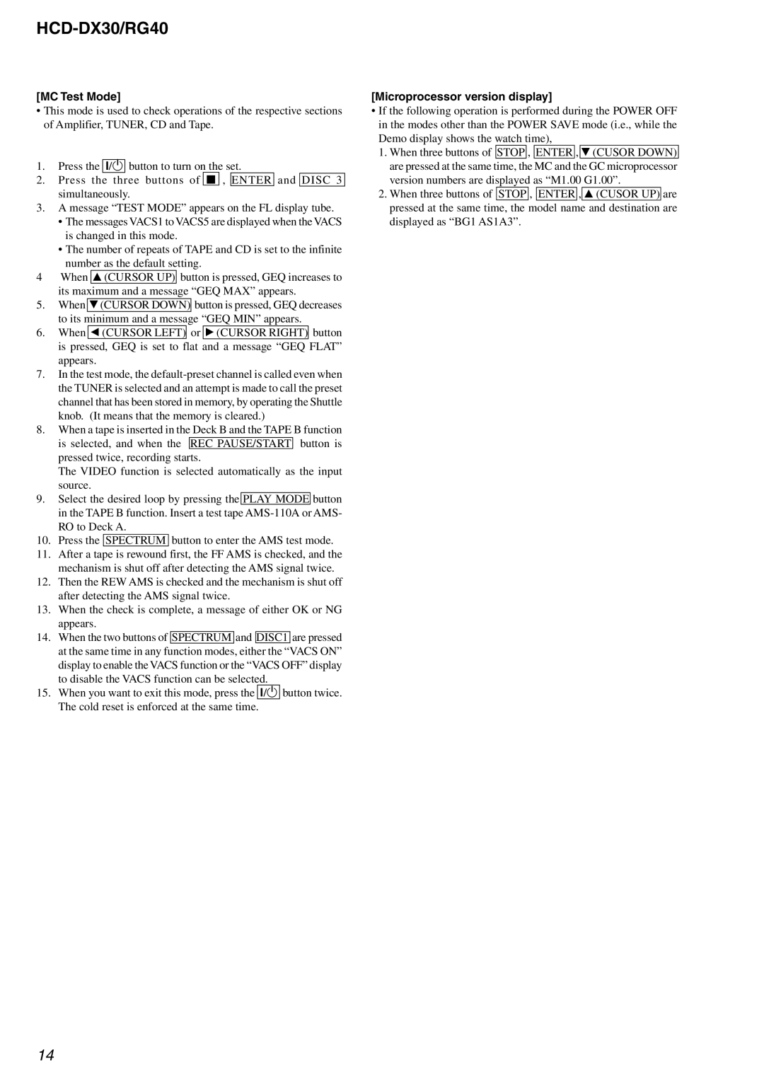 Sony HCD-DX30, HCD-RG40 specifications MC Test Mode, Microprocessor version display 