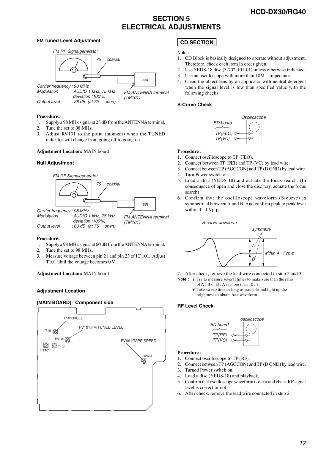 Sony HCD-RG40 specifications HCD-DX30/RG40 Section Electrical Adjustments, CD Section 