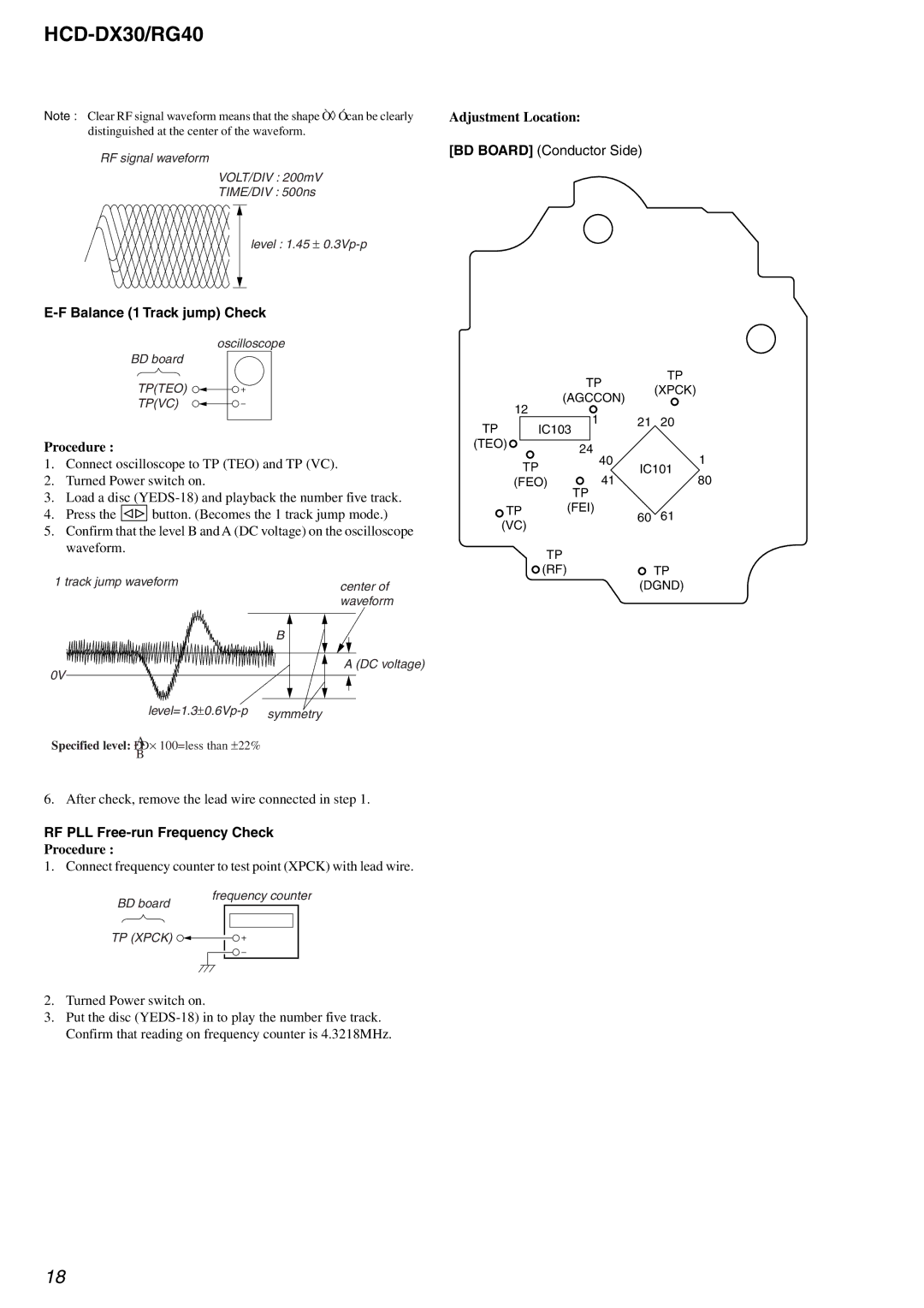 Sony HCD-DX30, HCD-RG40 specifications Balance 1 Track jump Check, RF PLL Free-run Frequency Check 