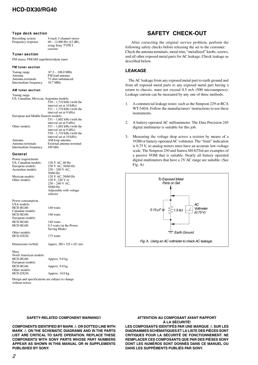 Sony HCD-RG40 specifications HCD-DX30/RG40, Safety CHECK-OUT, Leakage 