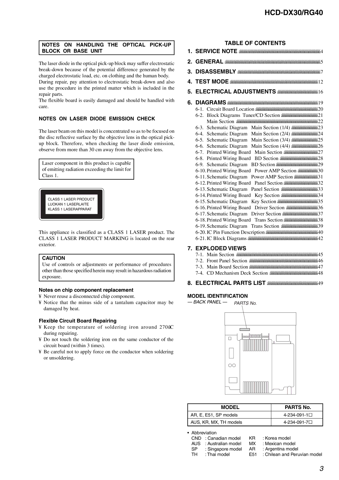 Sony HCD-RG40, HCD-DX30 specifications Table of Contents, Exploded Views 