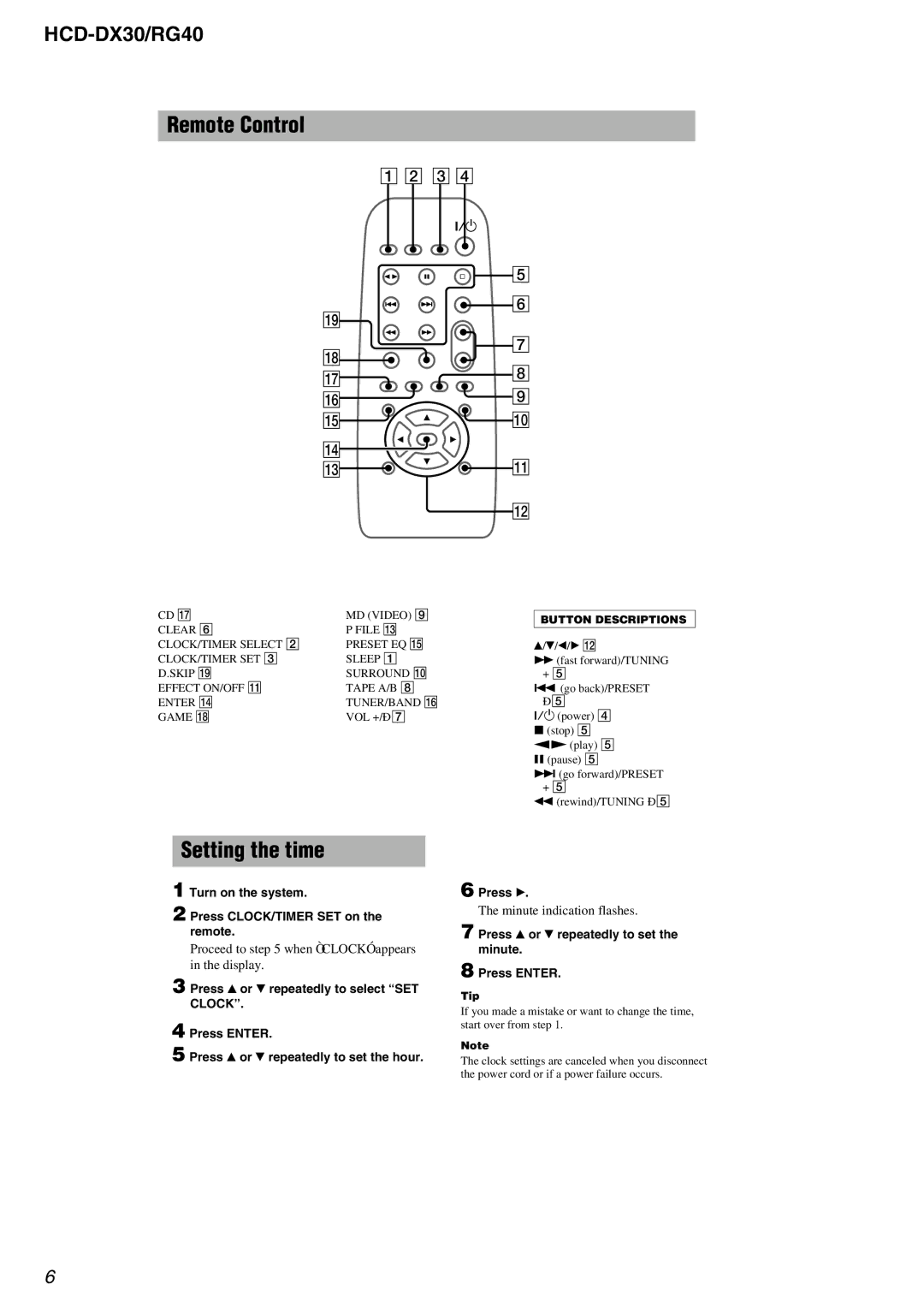 Sony HCD-DX30, HCD-RG40 specifications Remote Control 