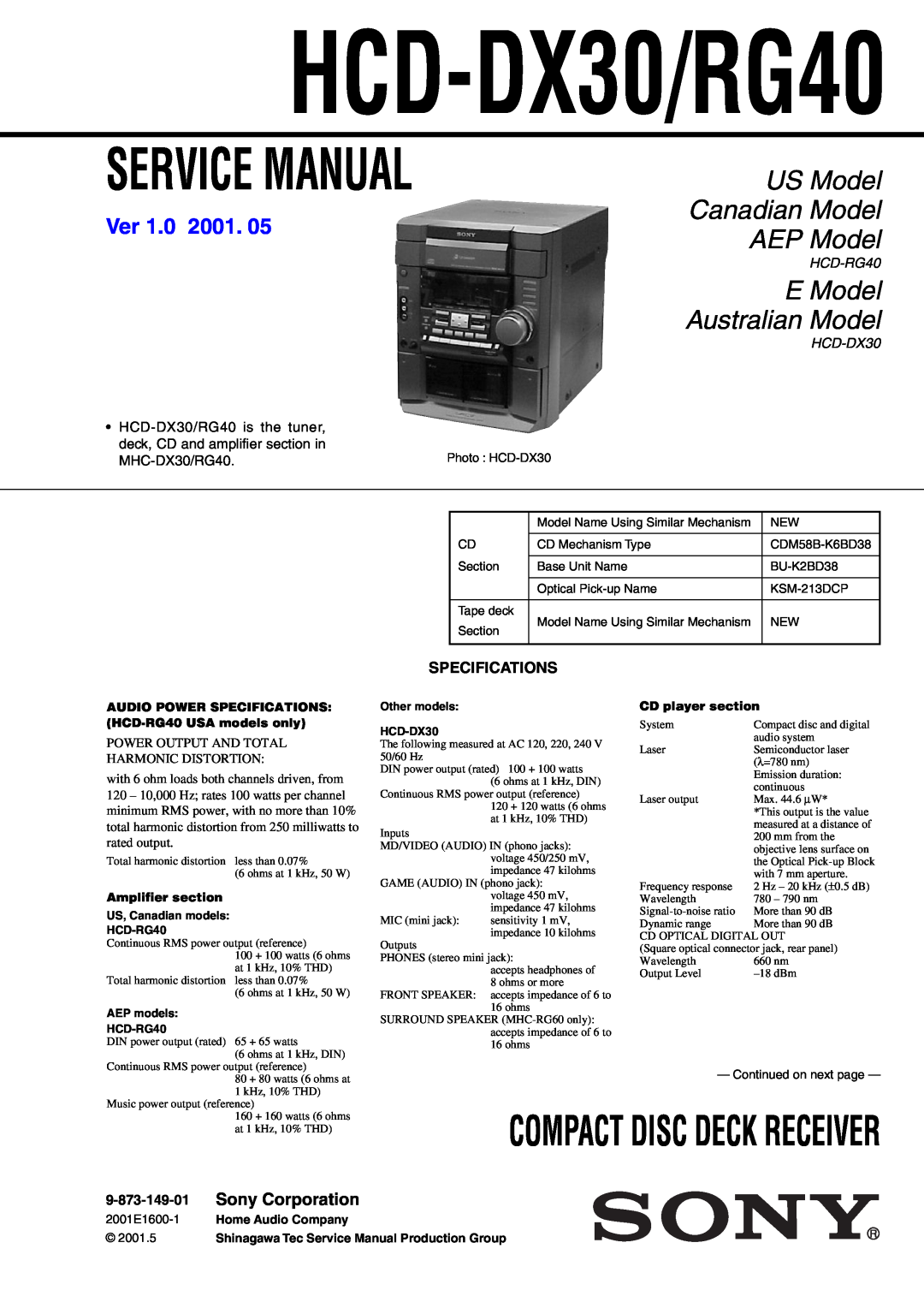 Sony HCD-RG40 specifications Ver 1.0 2001, HCD-DX30/RG40, Service Manual, US Model Canadian Model AEP Model 