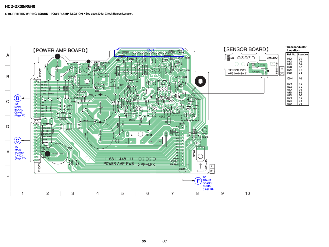 Sony HCD-RG40 B C D, 3030, IC501, Power Amp Board, Sensor Board, HCD-DX30/RG40, Semiconductor, Ref. No, Location 