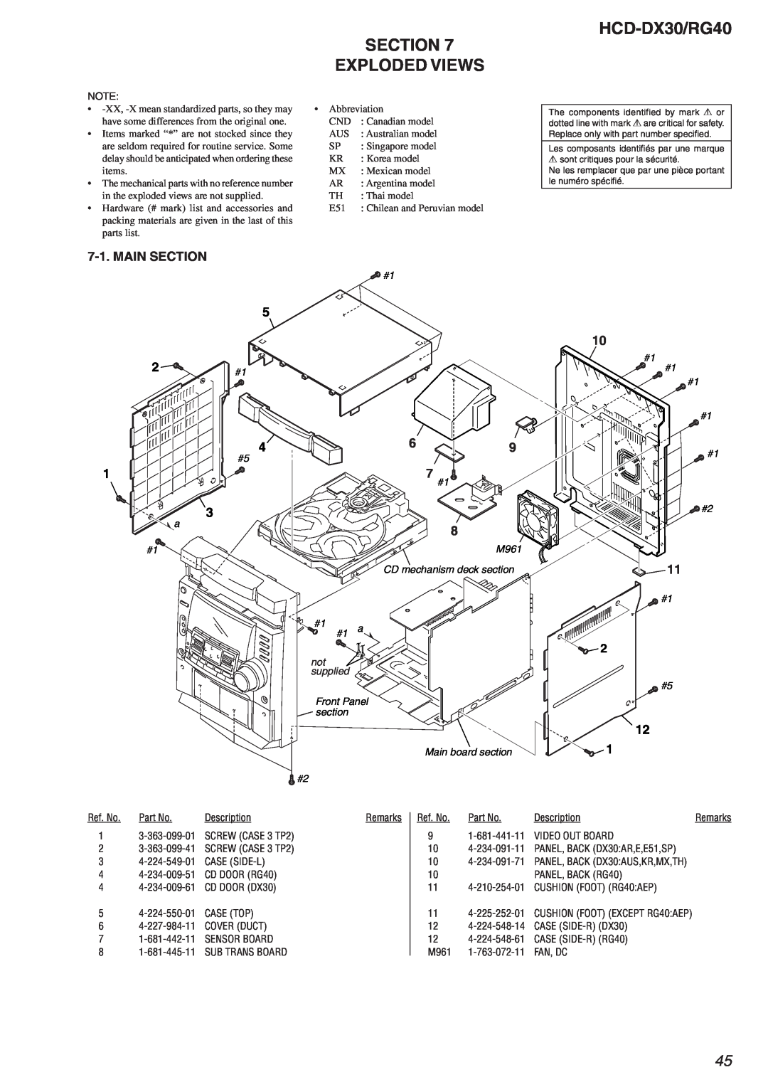 Sony HCD-RG40 specifications Section, Exploded Views, HCD-DX30/RG40 