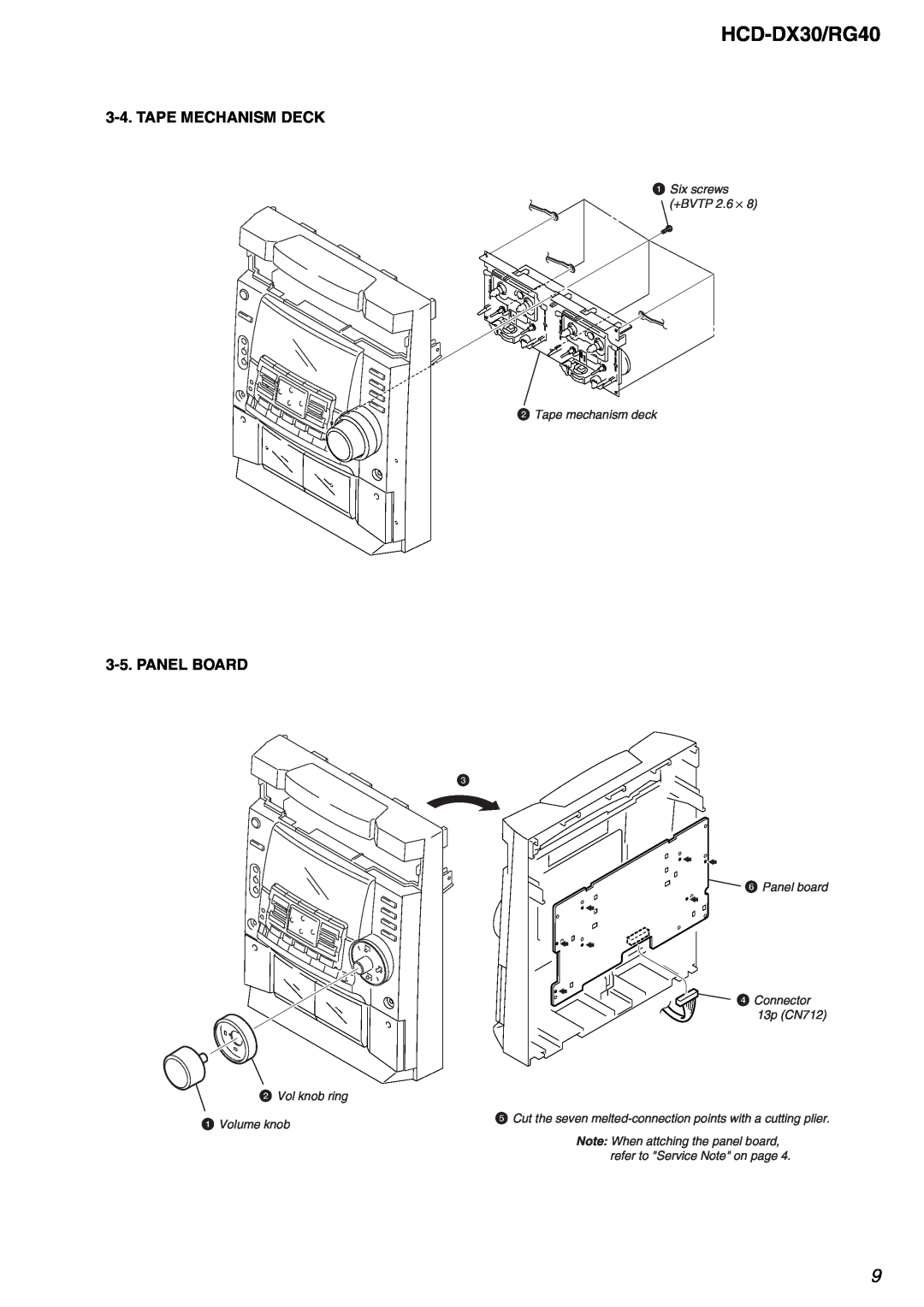 Sony HCD-RG40 specifications HCD-DX30/RG40, Tape Mechanism Deck, Panel Board, Six screws +BVTP 2.6 ⋅ 2 Tape mechanism deck 