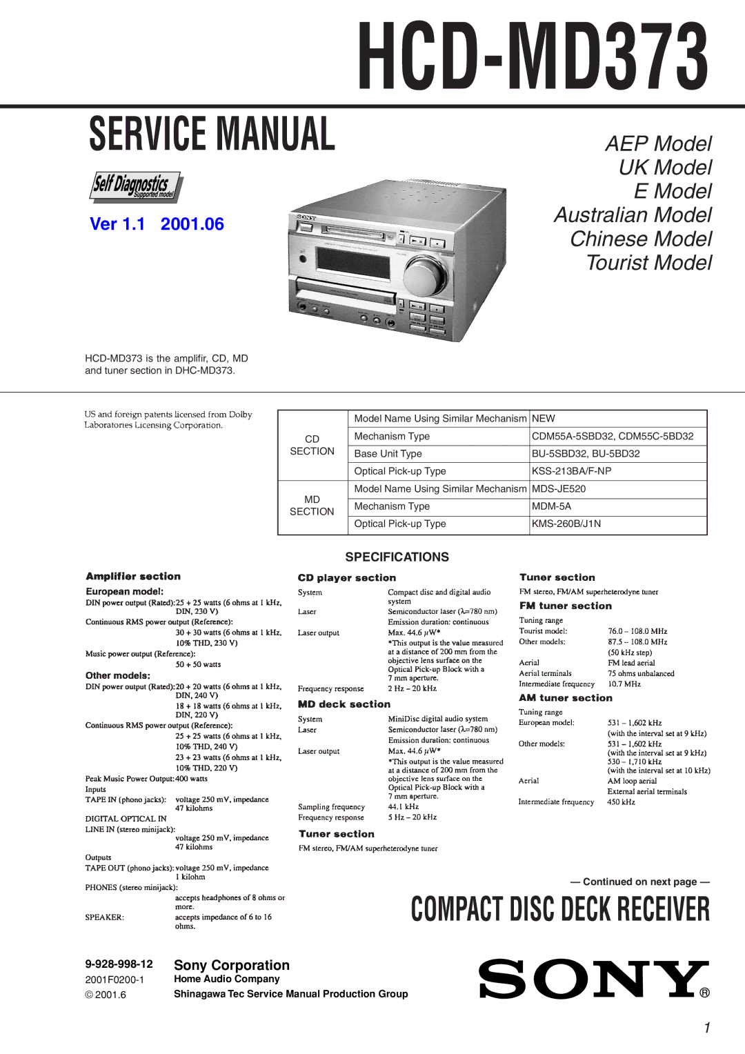 Sony HCD-MD373 service manual Specifications, 928-998-12 