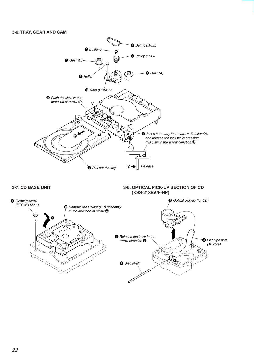 Sony HCD-MD373 service manual TRAY, Gear and CAM, CD Base Unit, Optical PICK-UP Section of CD KSS-213BA/F-NP 