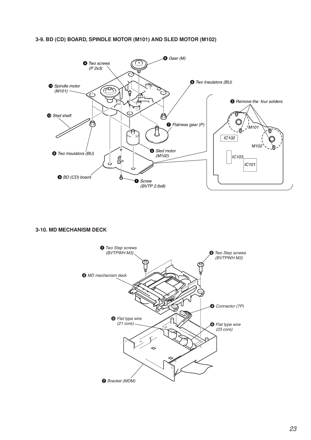 Sony HCD-MD373 service manual BD CD BOARD, Spindle Motor M101 and Sled Motor M102, MD Mechanism Deck 