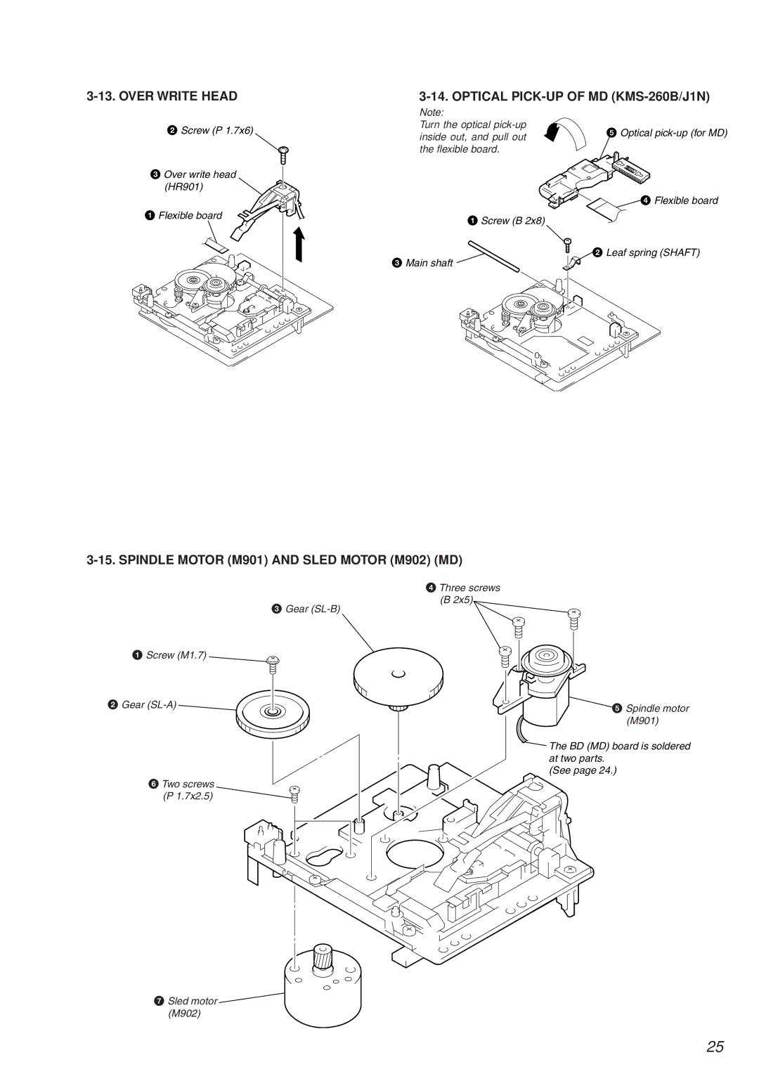 Sony HCD-MD373 service manual Over Write Head Optical PICK-UP of MD KMS-260B/J1N, Spindle Motor M901 and Sled Motor M902 MD 