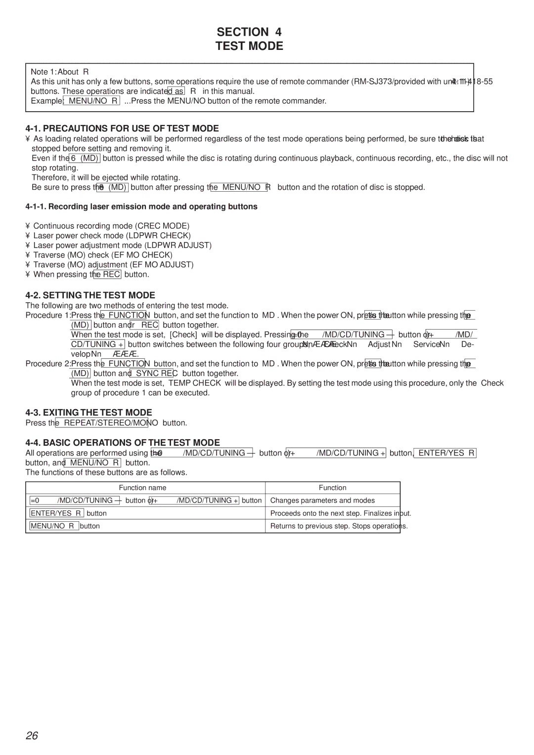 Sony HCD-MD373 Section Test Mode, Precautions for USE of Test Mode, Setting the Test Mode, Exiting the Test Mode 