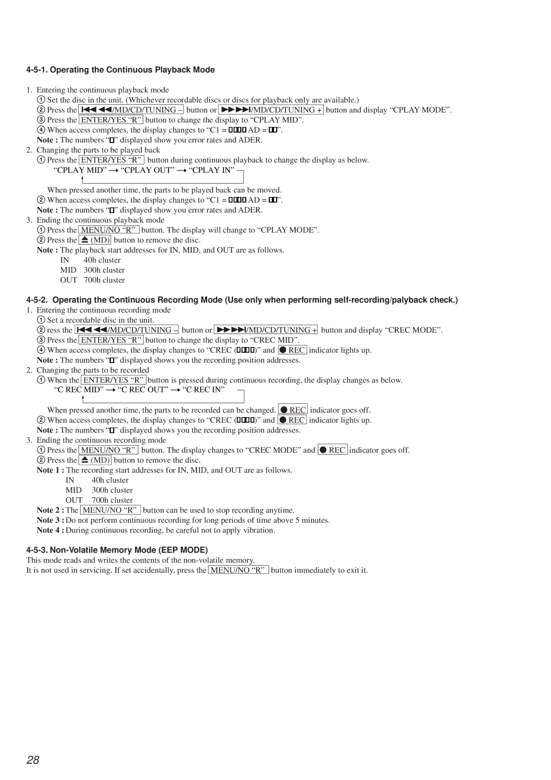 Sony HCD-MD373 Operating the Continuous Playback Mode, Mid, Out, Menu/No R, Non-Volatile Memory Mode EEP Mode 