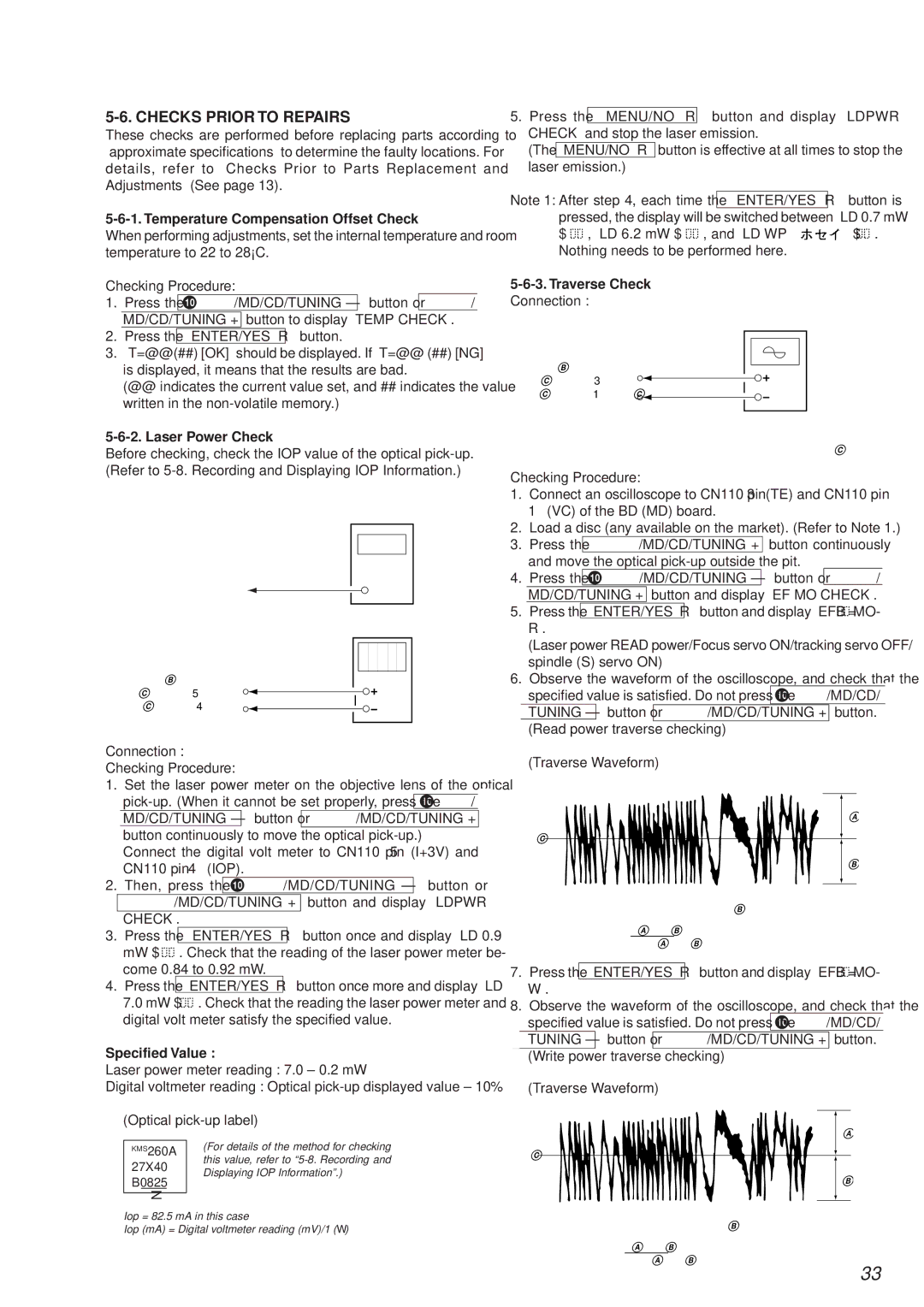 Sony HCD-MD373 Checks Prior to Repairs, Temperature Compensation Offset Check, Laser Power Check, Specified Value 