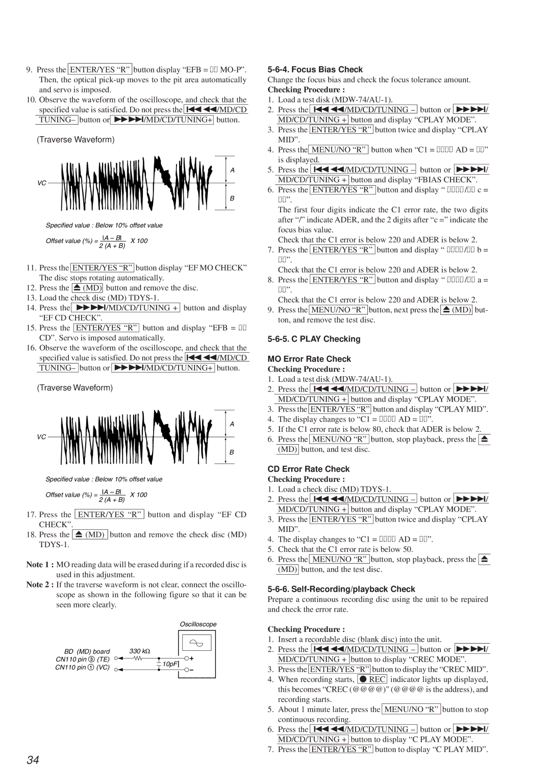 Sony HCD-MD373 Focus Bias Check, Play Checking MO Error Rate Check, CD Error Rate Check, Self-Recording/playback Check 