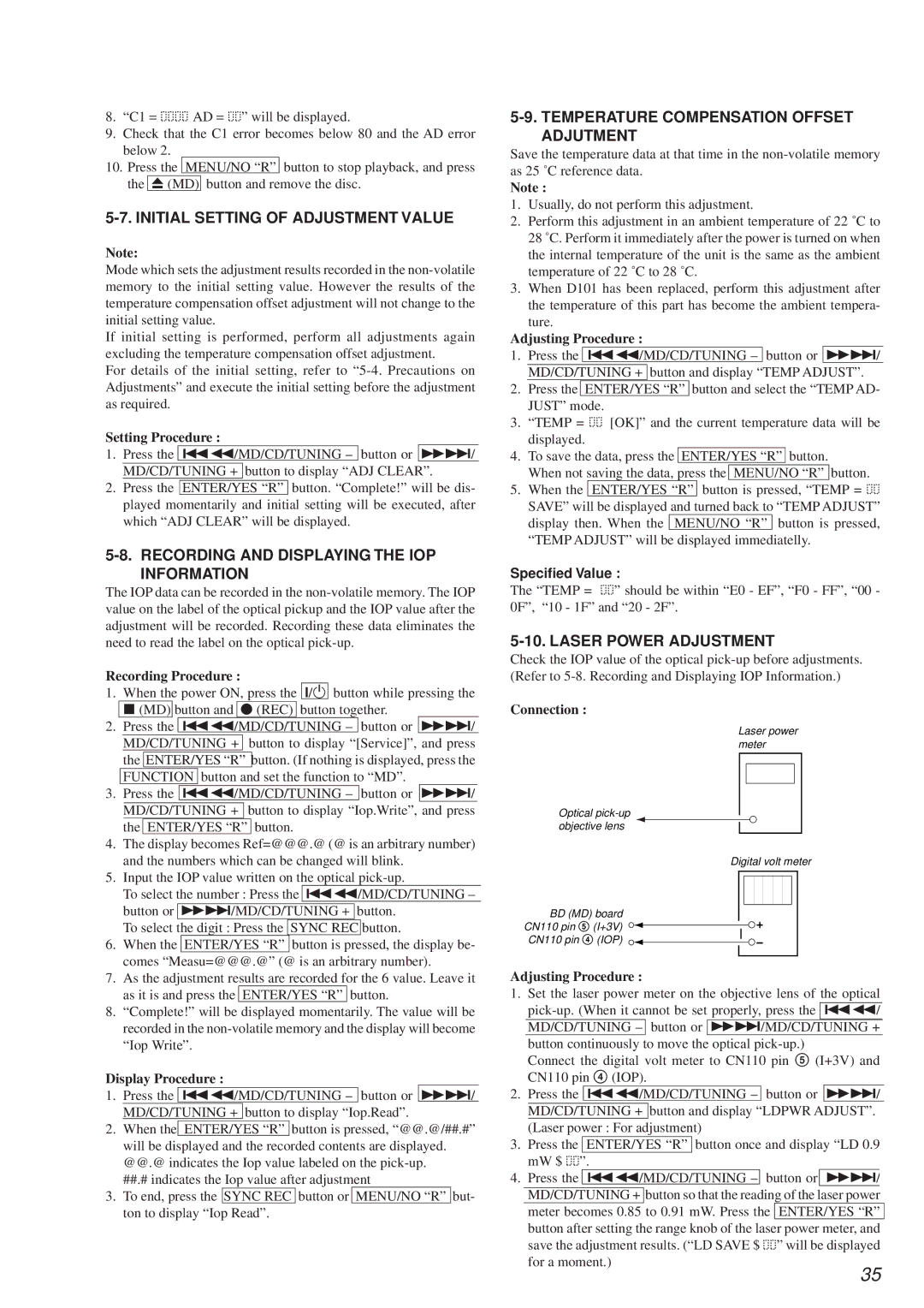 Sony HCD-MD373 Initial Setting of Adjustment Value, Recording and Displaying the IOP Information, Laser Power Adjustment 