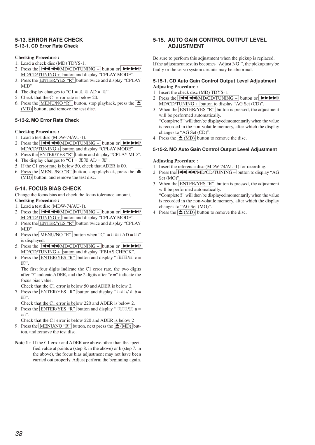 Sony HCD-MD373 service manual Error Rate Check, Focus Bias Check, Auto Gain Control Output Level Adjustment 