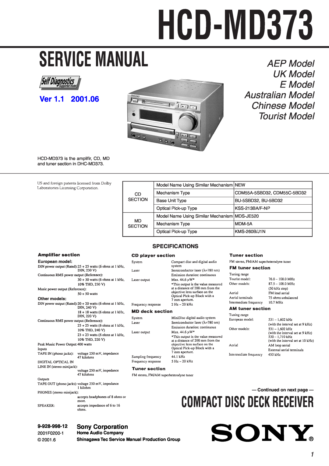 Sony HCD-MD373 service manual Sony Corporation, Specifications, 9-928-998-12, Compact Disc Deck Receiver, Service Manual 