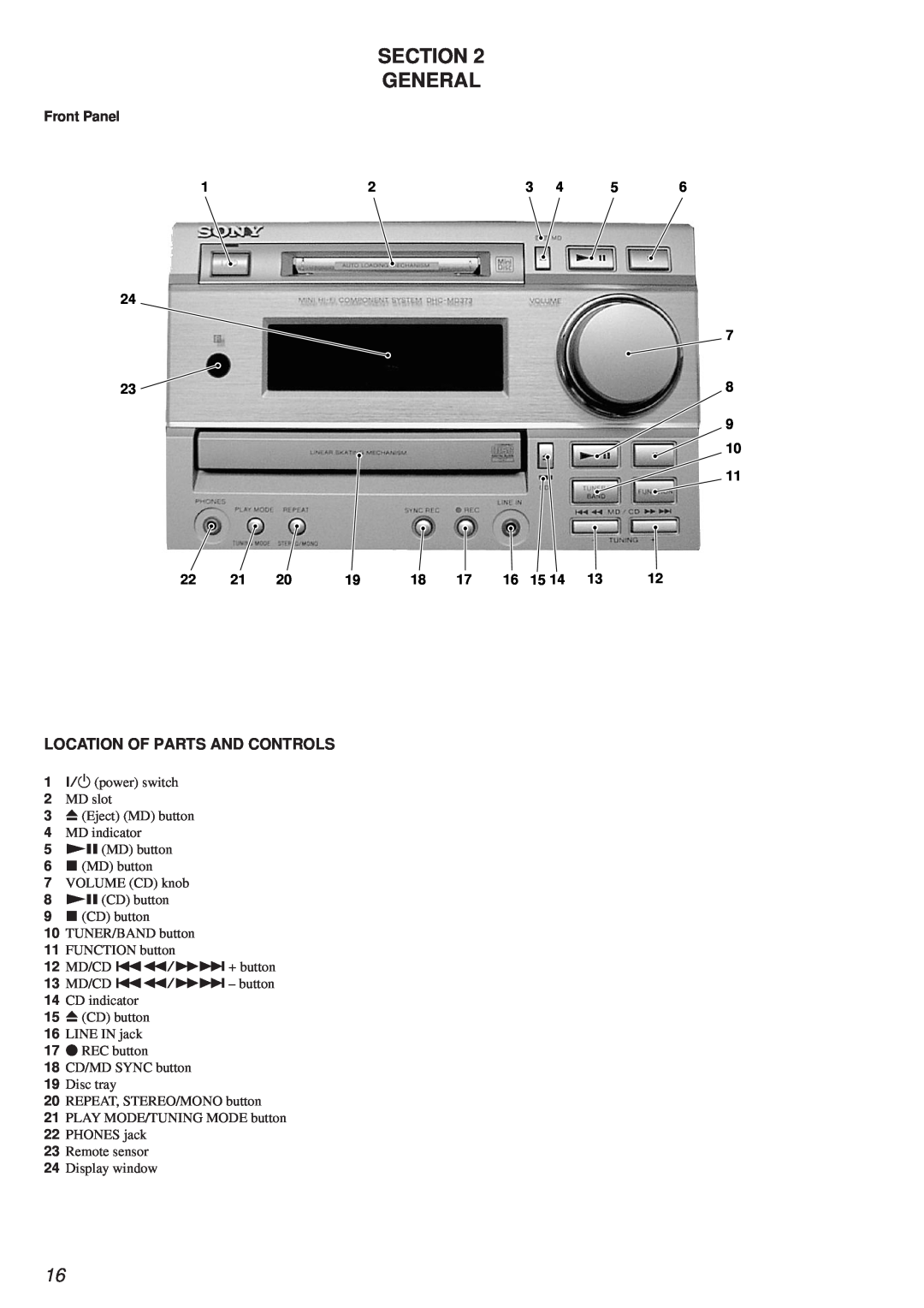 Sony HCD-MD373 service manual Section General, Location Of Parts And Controls, Front Panel 