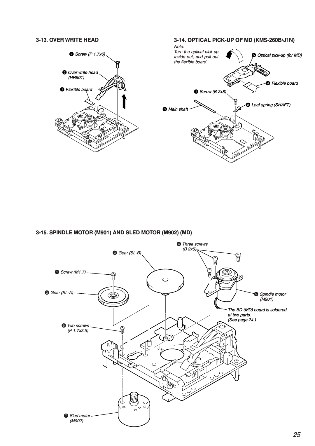 Sony HCD-MD373 service manual Over Write Head, OPTICAL PICK-UPOF MD KMS-260B/J1N, SPINDLE MOTOR M901 AND SLED MOTOR M902 MD 