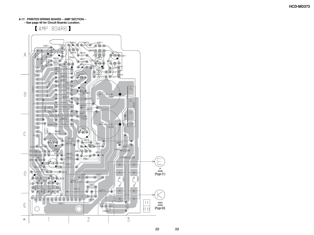 Sony HCD-MD373 service manual Printed Wiring Board – Amp Section, Page Page, See page 40 for Circuit Boards Location 