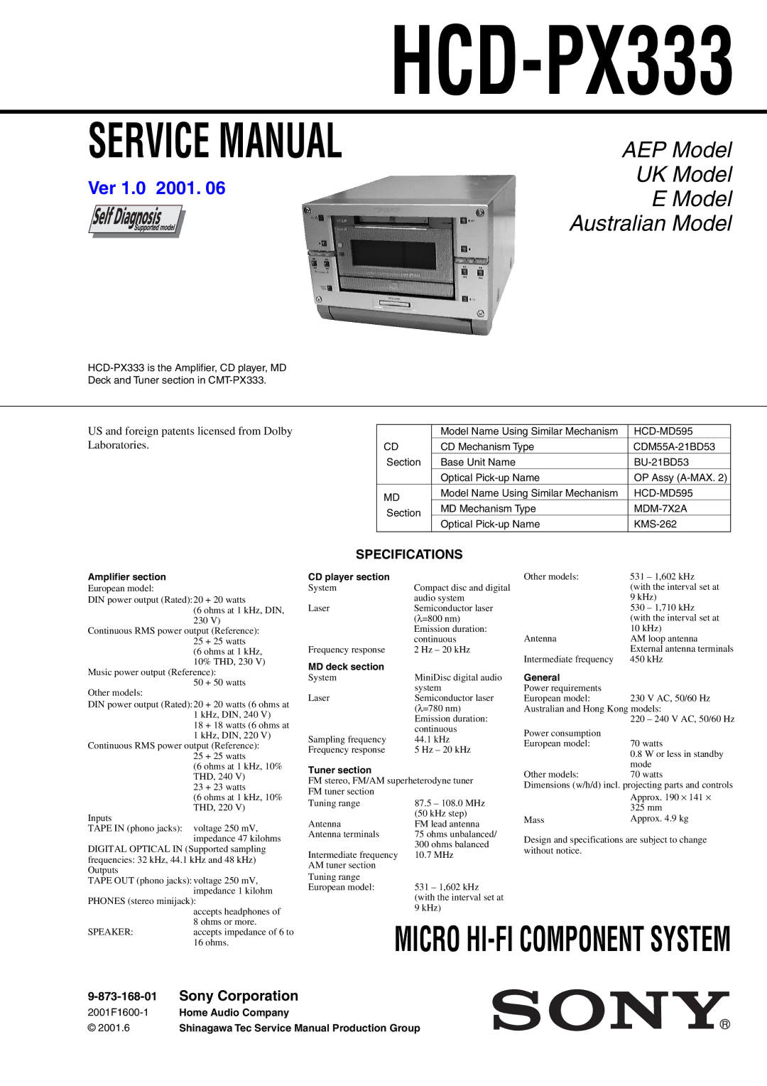 Sony HCD-PX333 specifications Specifications, MDM-7X2A 