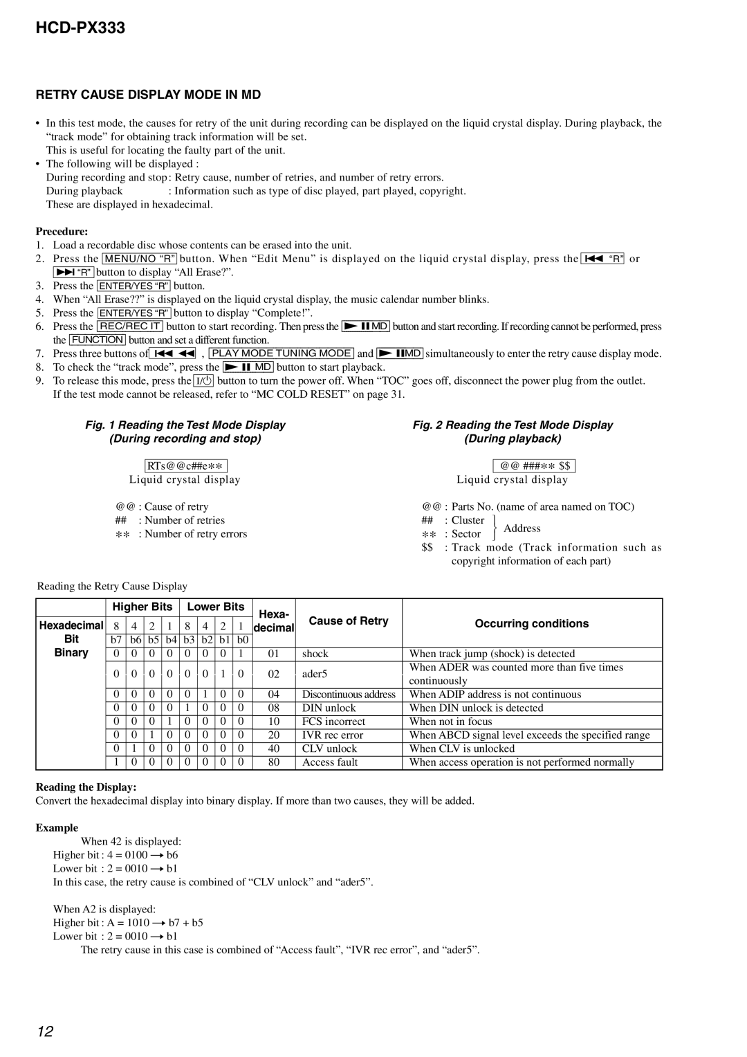 Sony HCD-PX333 specifications Retry Cause Display Mode in MD, Bit Binary 