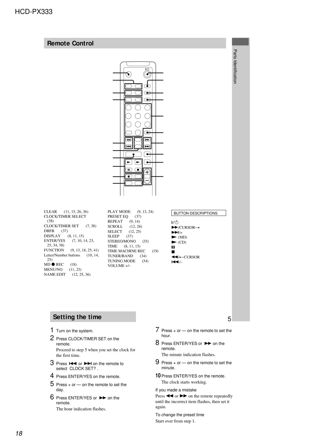 Sony HCD-PX333 specifications Remote Control 