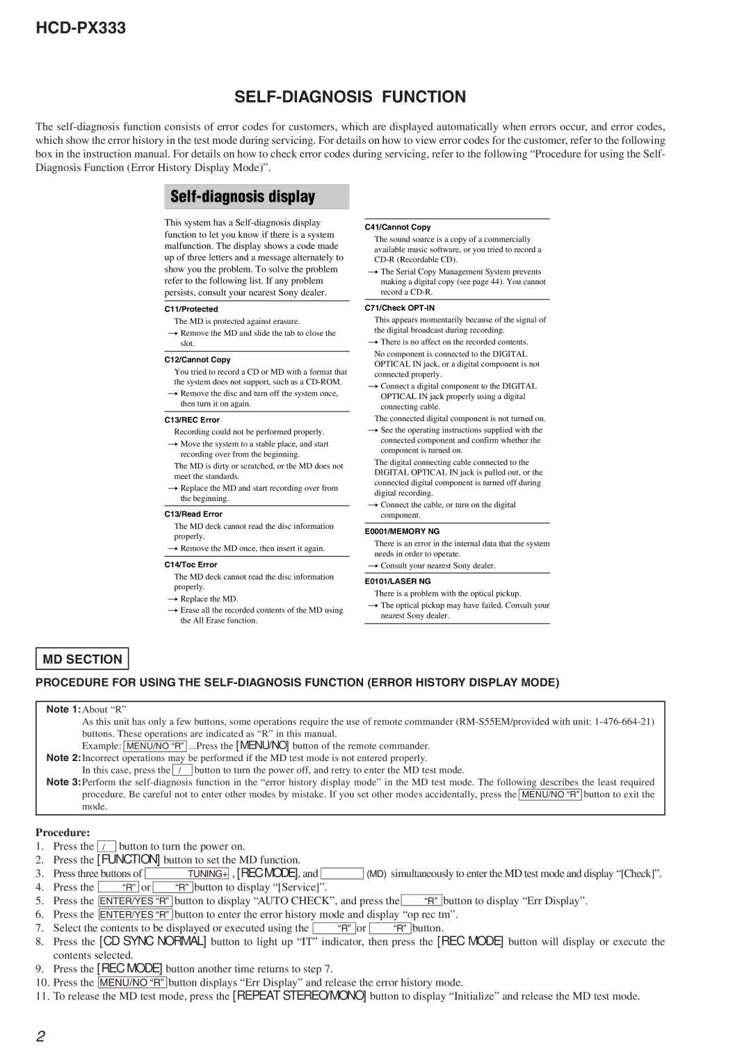 Sony specifications HCD-PX333 SELF-DIAGNOSIS Function, MD Section 