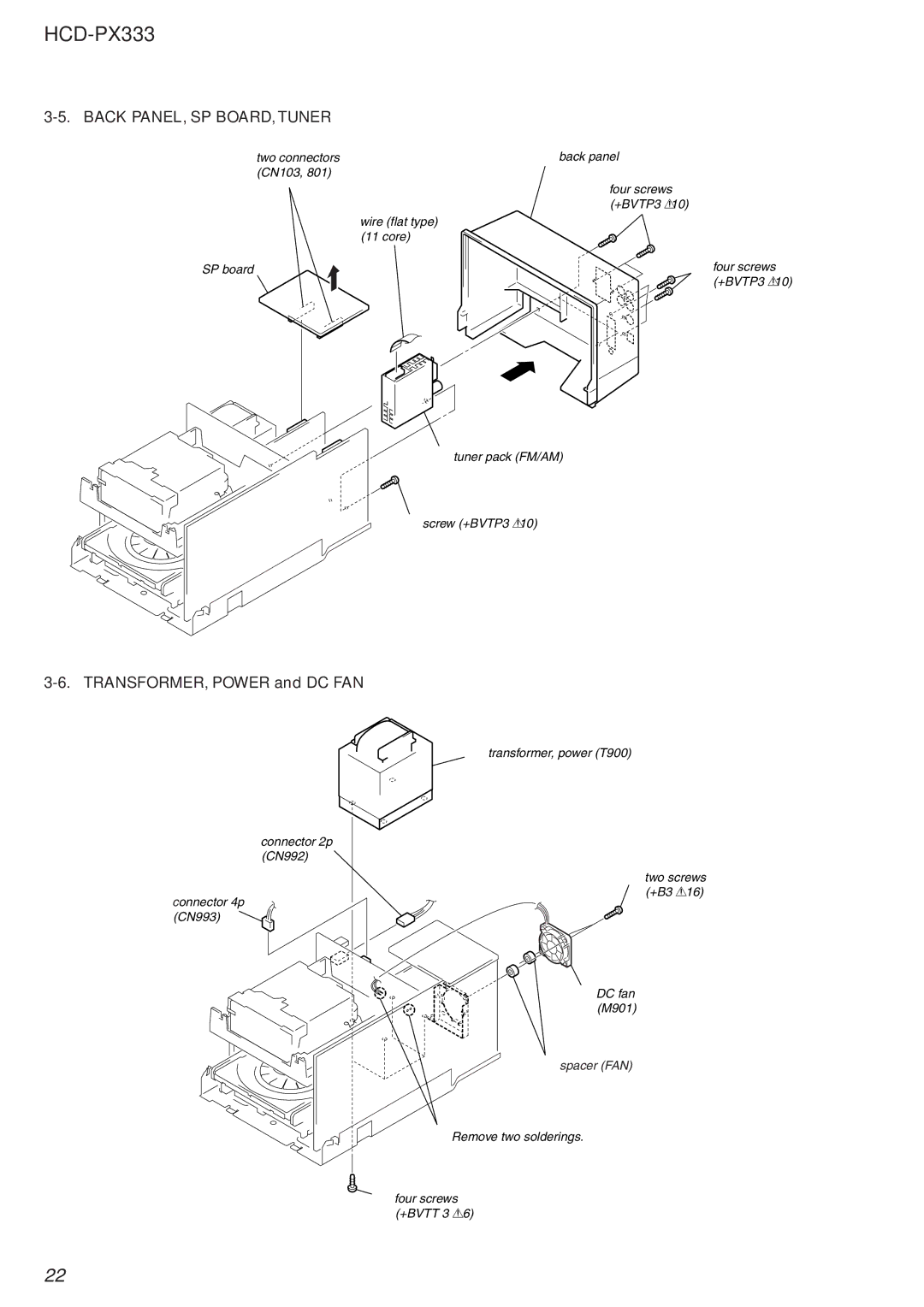 Sony HCD-PX333 specifications Back PANEL, SP BOARD, Tuner, TRANSFORMER, Power and DC FAN 