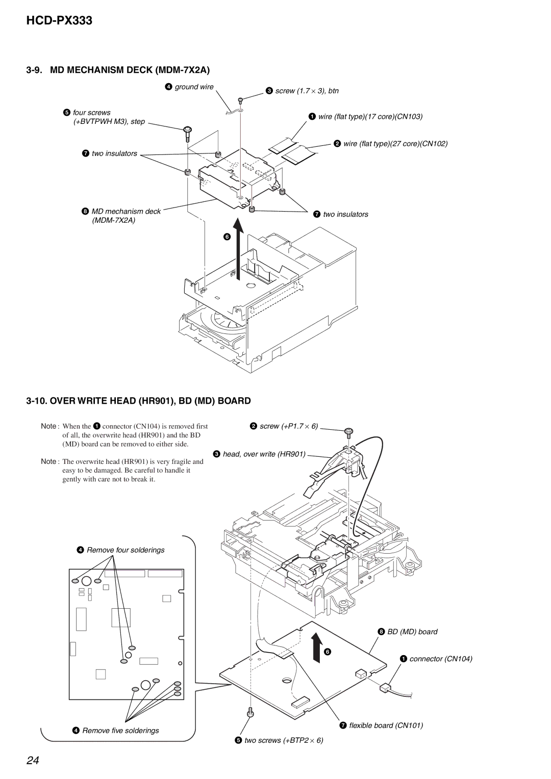 Sony HCD-PX333 specifications MD Mechanism Deck MDM-7X2A, Over Write Head HR901, BD MD Board 