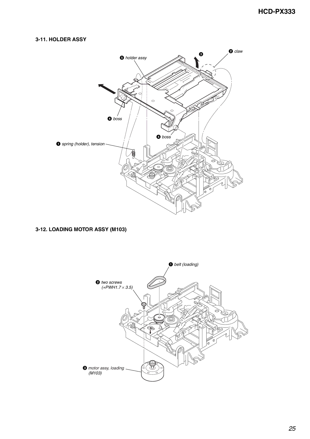 Sony HCD-PX333 specifications Holder Assy, Loading Motor Assy M103 