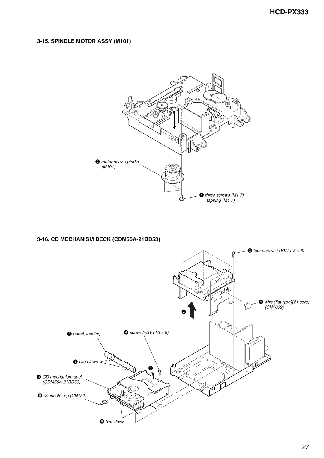 Sony HCD-PX333 specifications Spindle Motor Assy M101, CD Mechanism Deck CDM55A-21BD53 