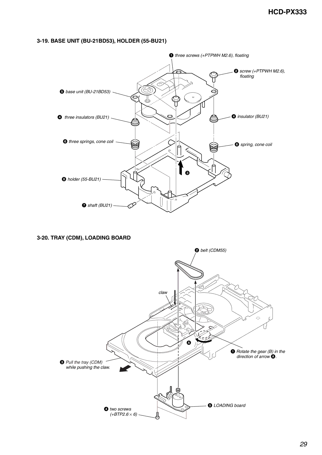 Sony HCD-PX333 specifications Base Unit BU-21BD53, Holder 55-BU21, Tray CDM, Loading Board 