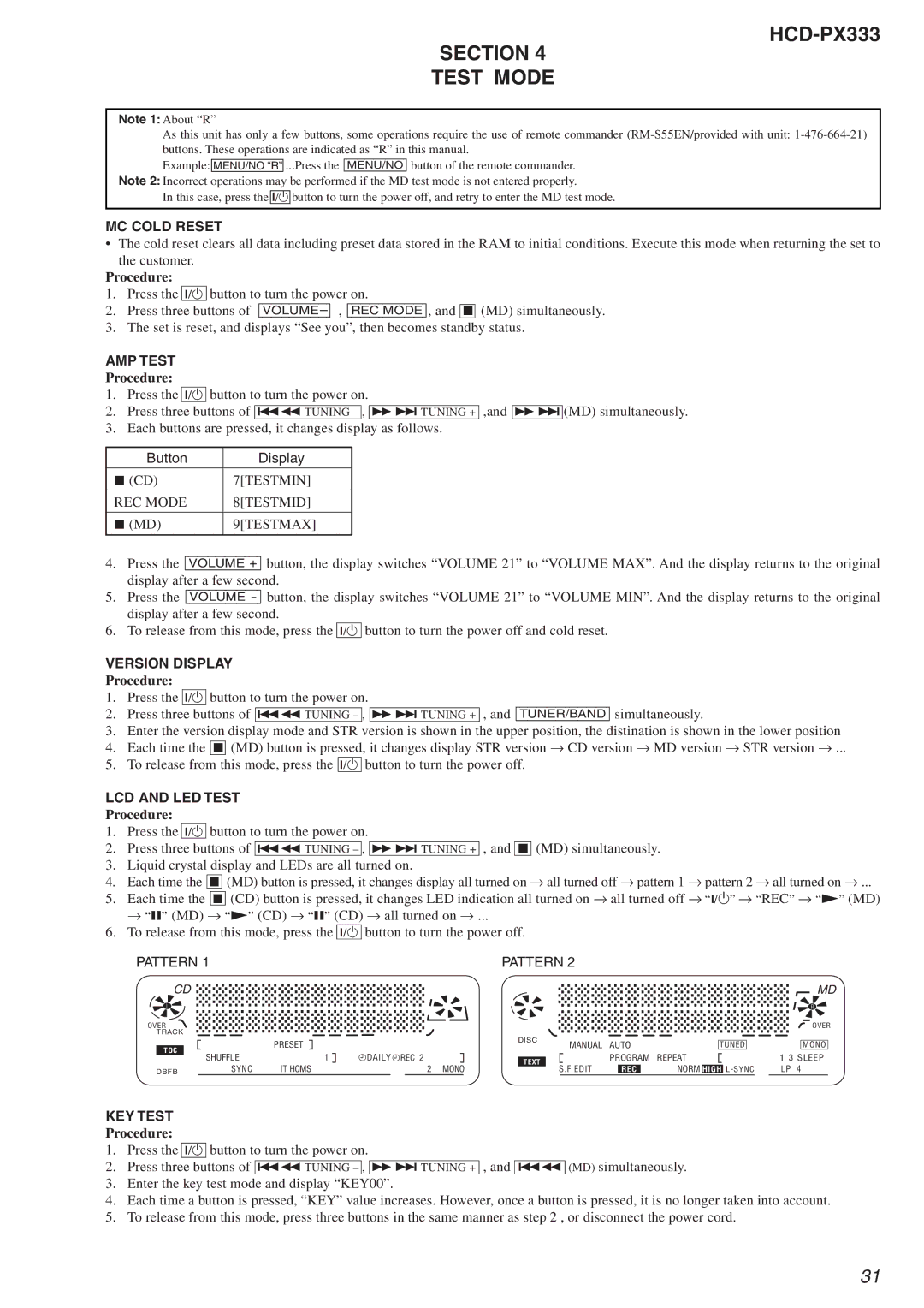 Sony specifications HCD-PX333 Section Test Mode 