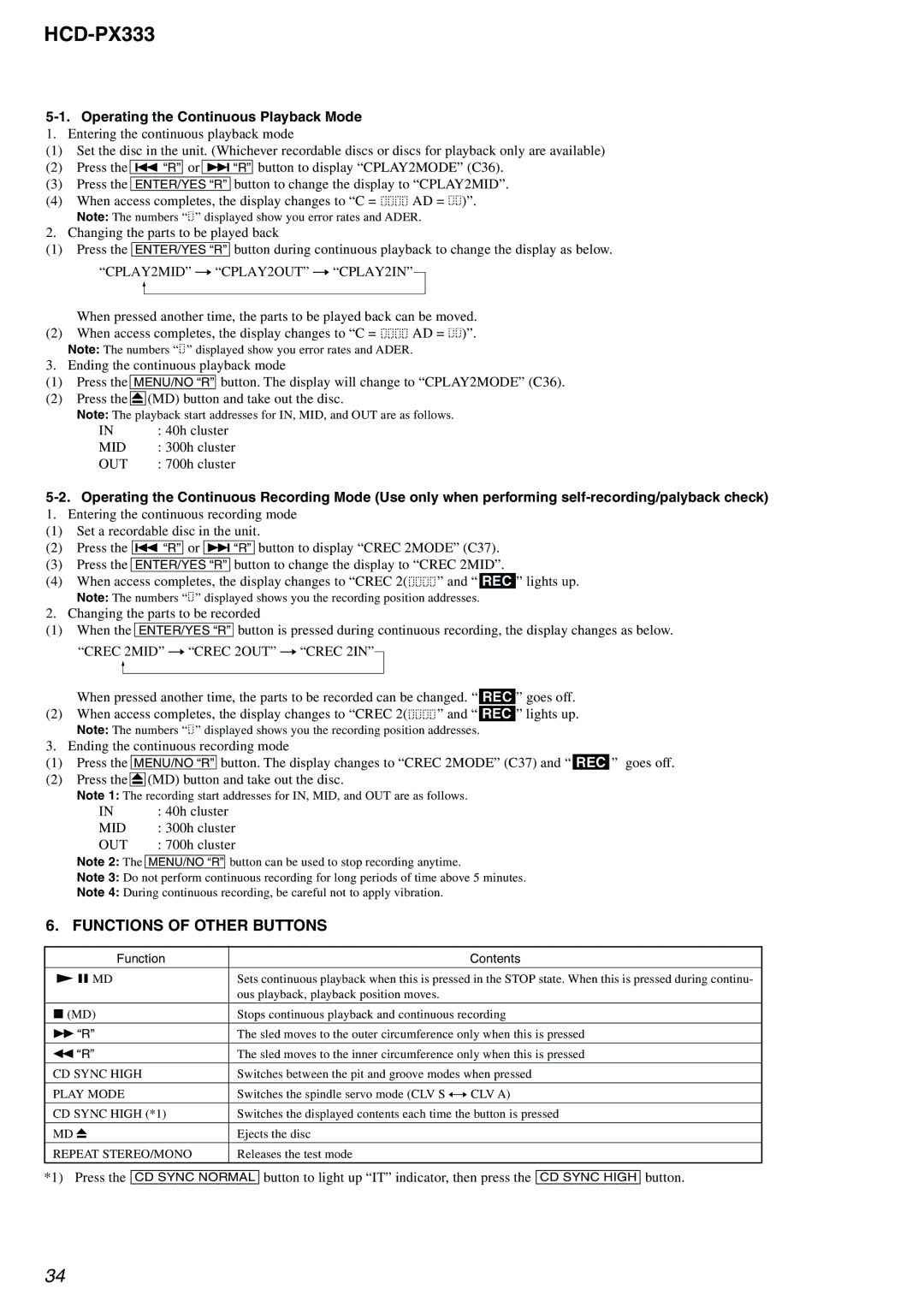 Sony HCD-PX333 specifications Functions of Other Buttons, Operating the Continuous Playback Mode, Mid, Out 