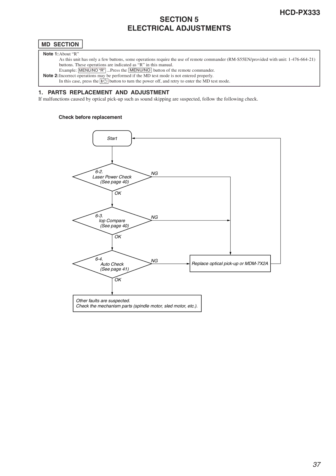 Sony specifications HCD-PX333 Section Electrical Adjustments, Parts Replacement and Adjustment, Check before replacement 