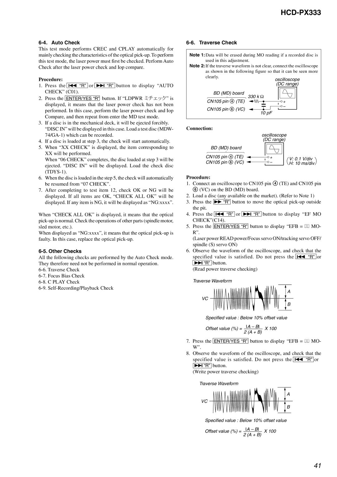 Sony HCD-PX333 specifications Auto Check, Other Checks, Traverse Check 