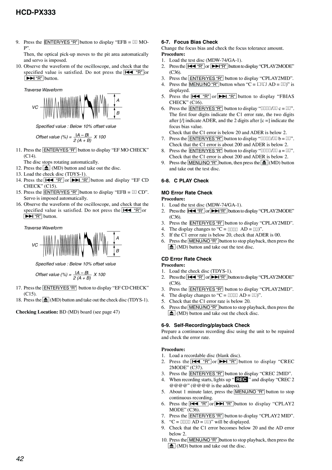 Sony HCD-PX333 Focus Bias Check, Play Check MO Error Rate Check, CD Error Rate Check, Self-Recording/playback Check 