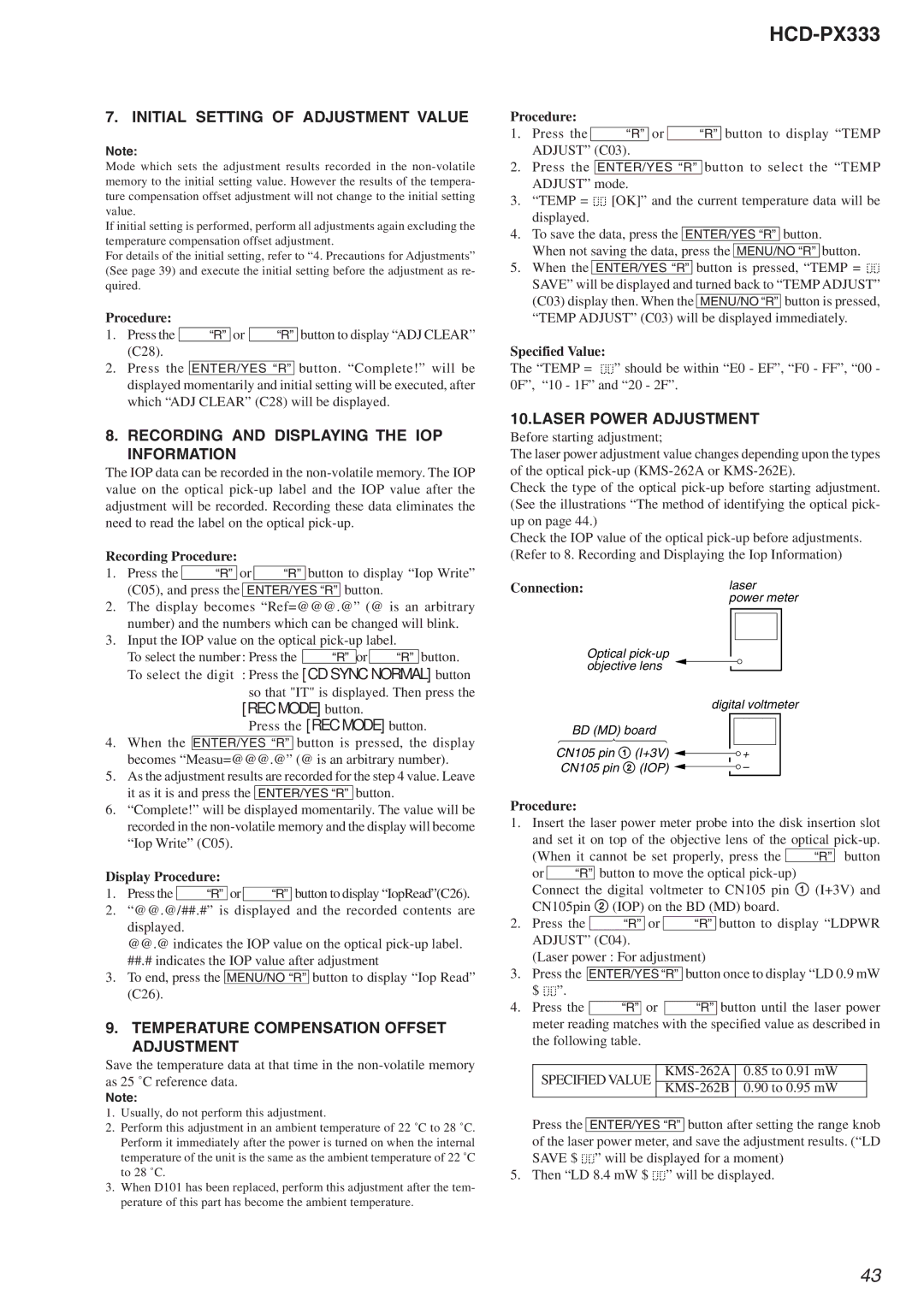 Sony HCD-PX333 Initial Setting of Adjustment Value, Recording and Displaying the IOP Information, Laser Power Adjustment 