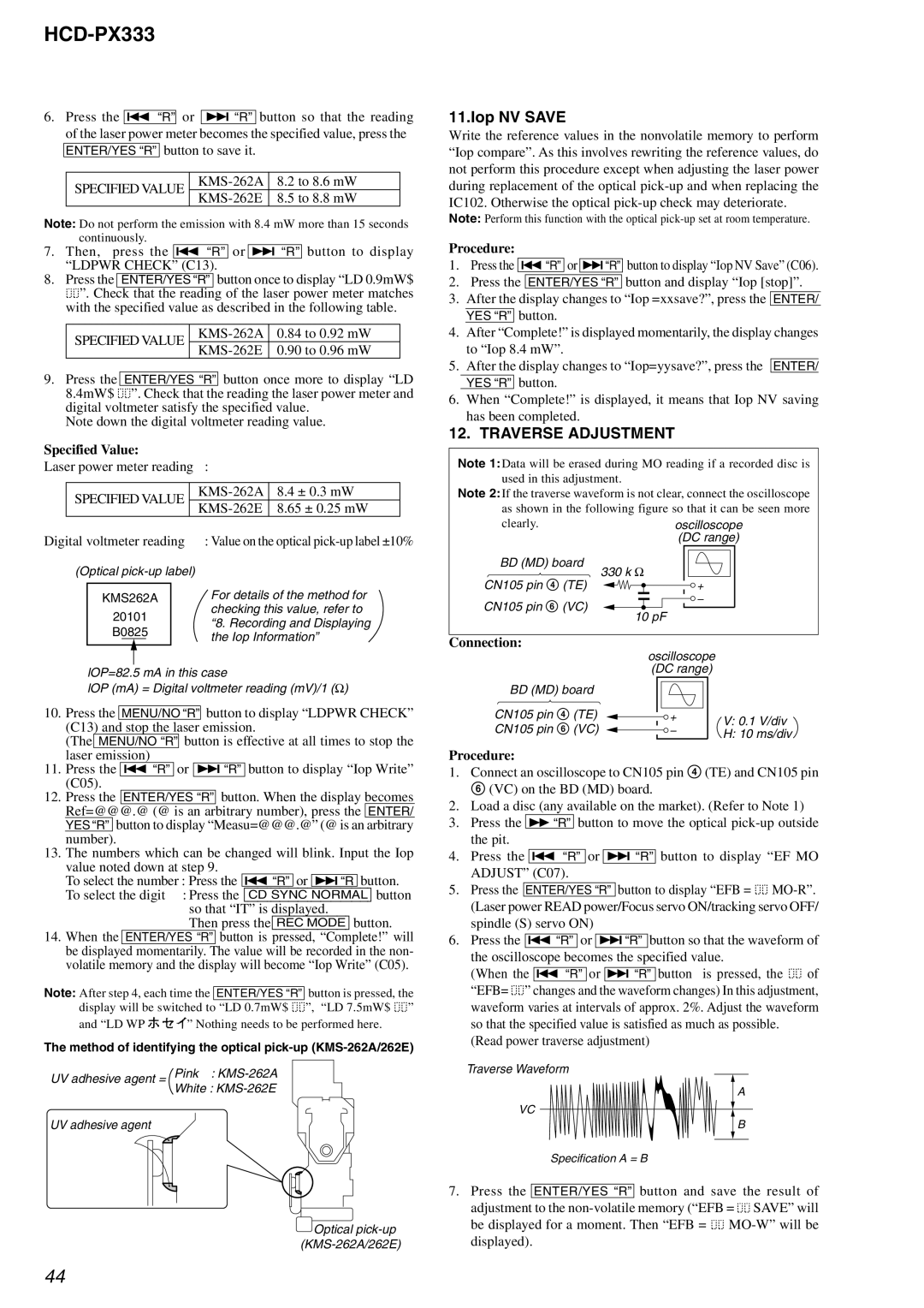 Sony HCD-PX333 specifications Iop NV Save, Traverse Adjustment 