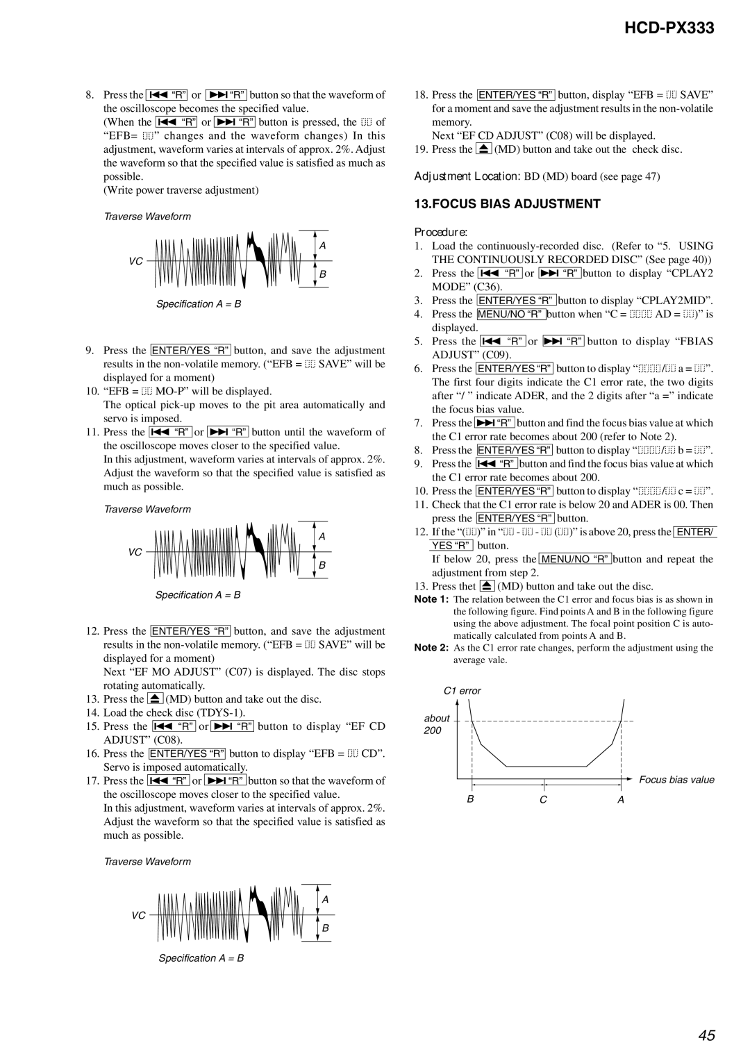 Sony HCD-PX333 specifications Focus Bias Adjustment, Enter, Yes R 