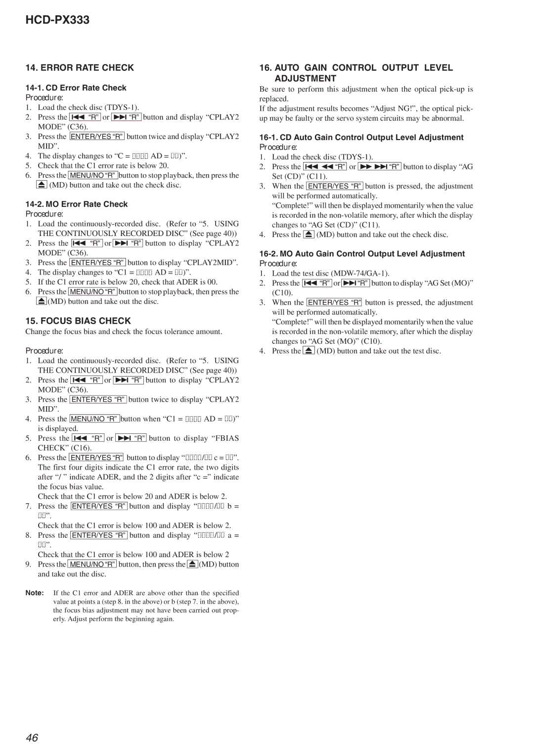 Sony HCD-PX333 specifications Error Rate Check, Focus Bias Check, Auto Gain Control Output Level Adjustment 