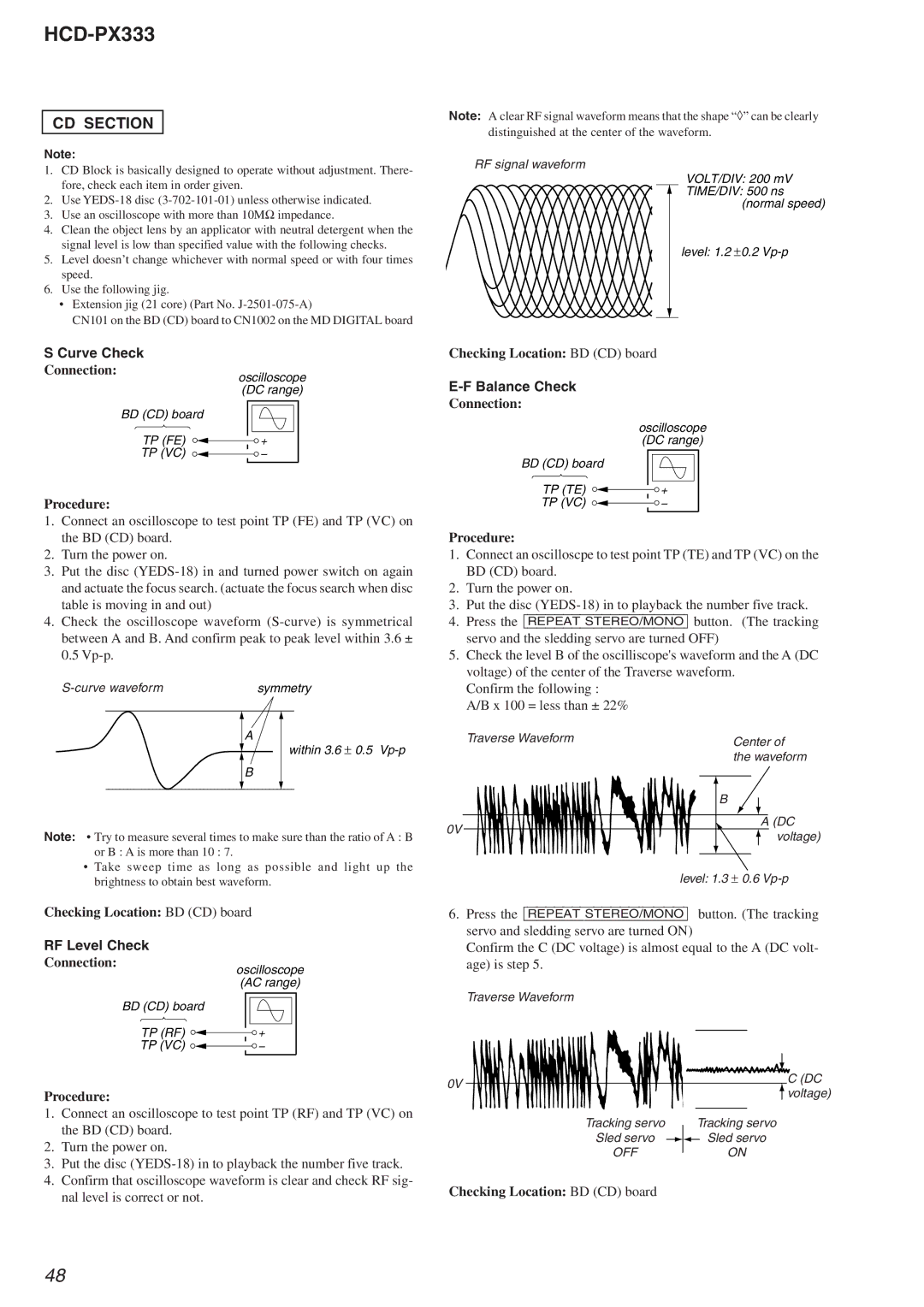 Sony HCD-PX333 specifications Curve Check, RF Level Check, Balance Check 