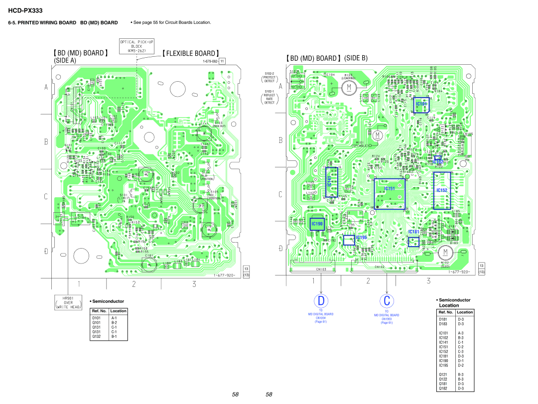 Sony HCD-PX333 specifications Printed Wiring Board BD MD Board, Location, Semiconductor 