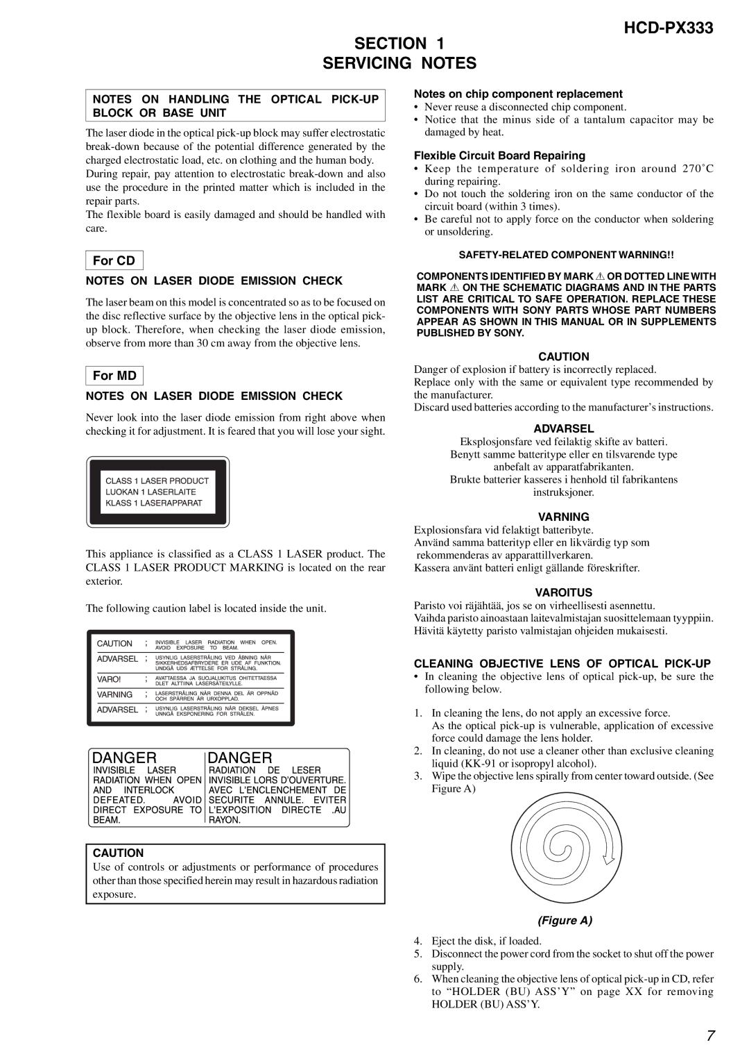 Sony HCD-PX333 Section Servicing Notes, For CD, For MD, Varoitus, Cleaning Objective Lens of Optical PICK-UP 