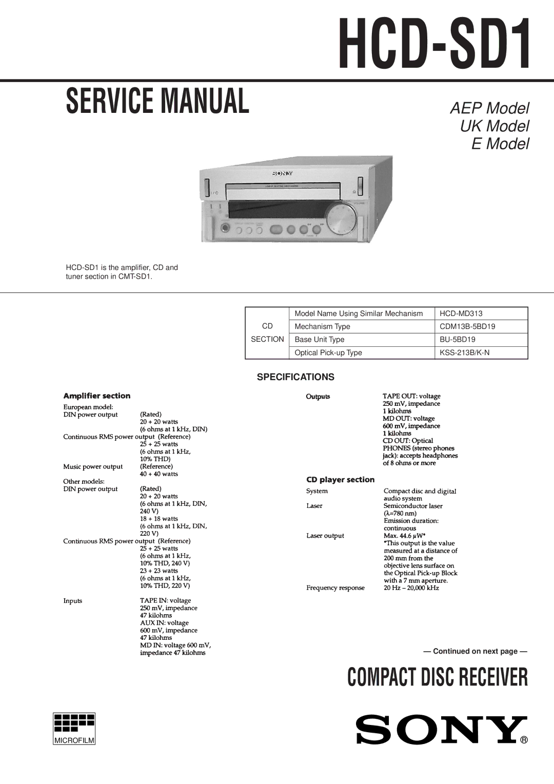 Sony hcd-sd1 service manual HCD-SD1, Specifications 