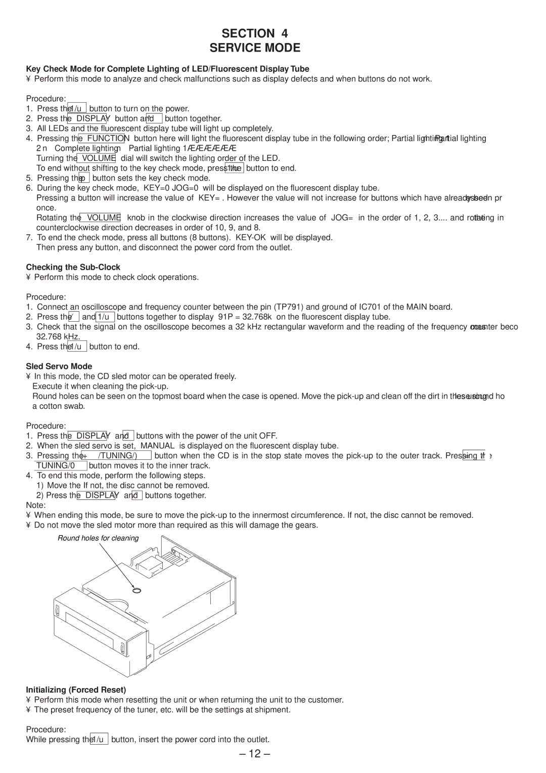 Sony hcd-sd1 service manual Section Service Mode, Checking the Sub-Clock, Sled Servo Mode, Initializing Forced Reset 