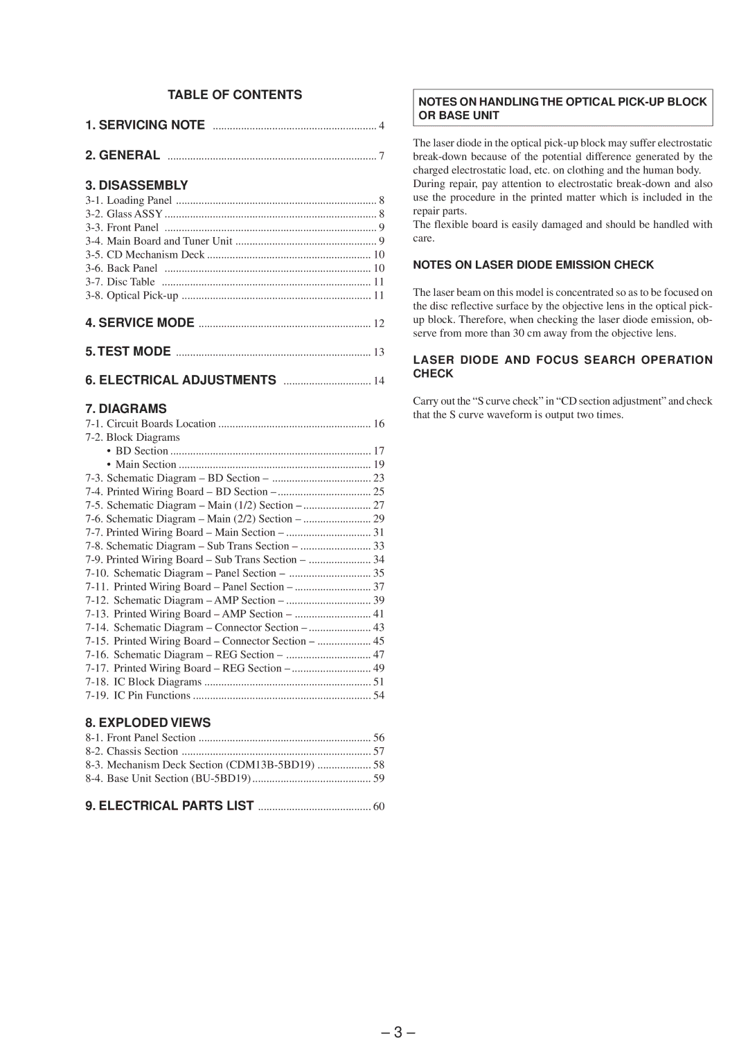 Sony hcd-sd1 service manual Table of Contents, Disassembly, Diagrams, Exploded Views 