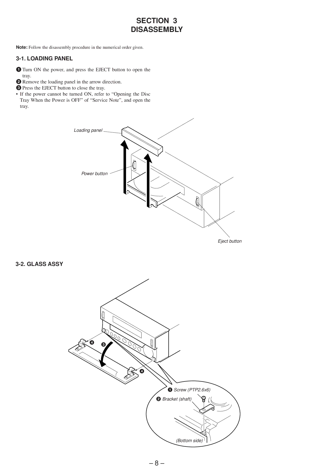 Sony hcd-sd1 service manual Section Disassembly, Loading Panel, Glass Assy 